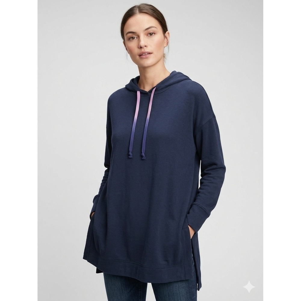 J.Jill Fit Navy Sport Ombre Drawstring Hoodie Tunic Side Slits L Cottagecore